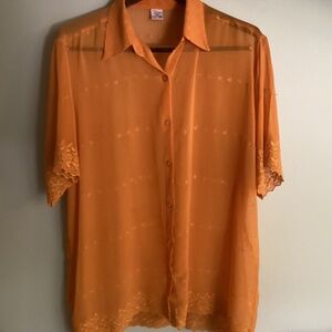 Erika Brooke Ladies Semi Sheer Orange Button Down Short Sleeve Size 20